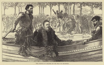 De Prins van Oranje op weg naar Brussel (gravure) door English School