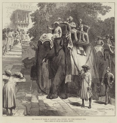 De prins van Wales op Parbutty Hill, Poonah, zijn eerste olifantenrit door English School