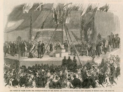 De Prins van Wales legt de eerste steen van de nieuwe gebouwen van de Brits en Buitenlandse Bijbelgenootschap door English School