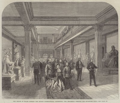 De Prins van Wales opent de Dublin Internationale Tentoonstelling, de Processie door de Beeldhouwzaal (gravure) door English School