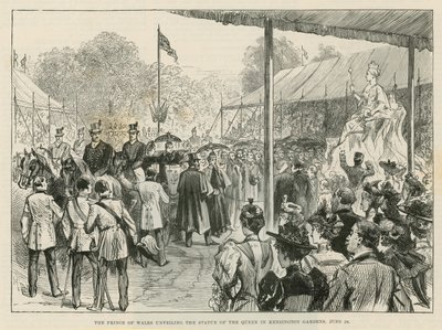 De Prins van Wales onthult het standbeeld van de koningin in Kensington Gardens door English School