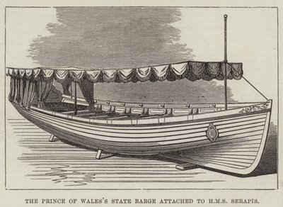 De staatsboot van de prins van Wales, verbonden aan HMS Serapis door English School