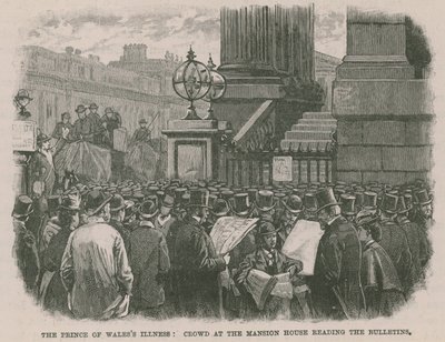 De ziekte van de Prins van Wales: Menigte bij het Mansion House leest de bulletins door English School