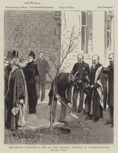 De prins plant een boom bij het Victoria Ziekenhuis ter herdenking van zijn bezoek door English School