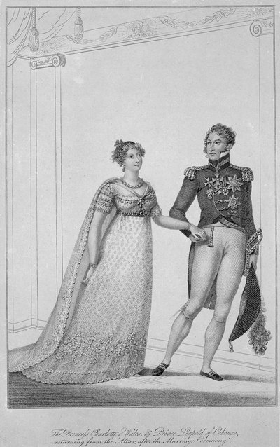 De prinses Charlotte van Wales en prins Leopold van Coburg keren terug van het altaar na de huwelijksceremonie, 1816 door English School