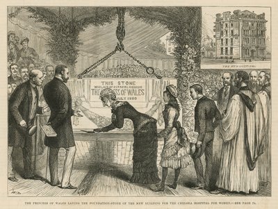 De Prinses van Wales legt de eerste steen van het nieuwe gebouw voor het Chelsea Ziekenhuis voor Vrouwen door English School