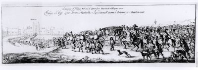 De Processie van Karel II en zijn Nieuwe Koningin, Catharina van Braganza van Portsmouth naar Hampton Court, 1662 door English School
