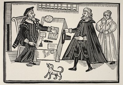 De Proctor en Parator, titelpagina van een traktaat over de misbruiken en buitensporigheden van de Spirituele Rechtbanken, 1641 door English School