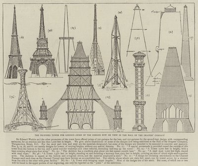 De voorgestelde toren voor Londen, enkele van de ontwerpen die nu te zien zijn in de hal van de Drapers