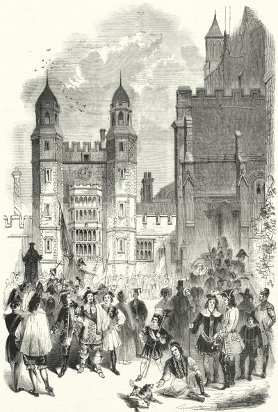 De Binnenplaats van Eton College op de ochtend van de Montem (gravure) door English School