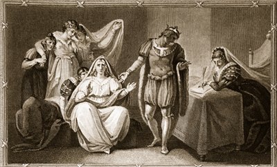 De koningin-weduwe plaatst zichzelf en haar dochters onder de bescherming van Richard III, illustratie uit David Humes The History of England, uitgegeven door R. Bowyer, Londen, 1812 door English School
