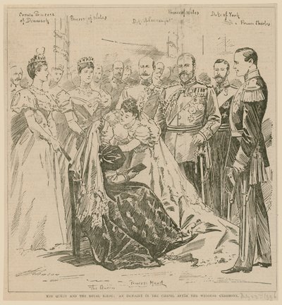De Koningin en de Koninklijke Bruid, een incident in de kapel na de huwelijksceremonie, 23 juli 1896 door English School