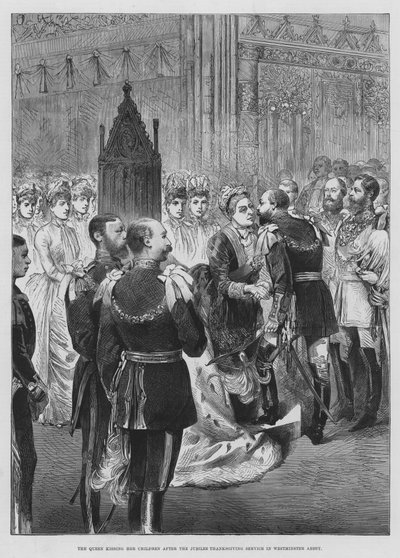 De koningin kust haar kinderen na de jubileum dankdienst in Westminster Abbey (gravure) door English School