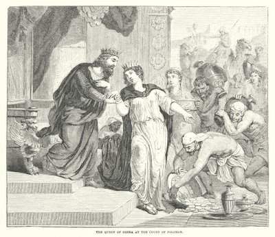 De koningin van Sheba aan het hof van Salomo (gravure) door English School