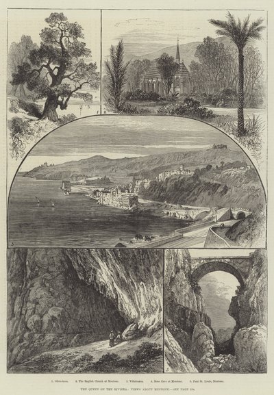 De Koningin aan de Riviera, Zichten rond Mentone (gravure) door English School