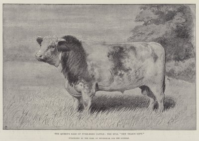 De verkoop van raszuivere runderen van de koningin, de stier "Nieuwjaarsgeschenk," gekocht door de graaf van Feversham voor 1000 Guineas (litho) door English School