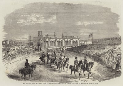 Het Bezoek van de Koningin aan Leeds, Hare Majesteit passeert de Zondagschoolkinderen op Woodhouse Moor (gravure) door English School