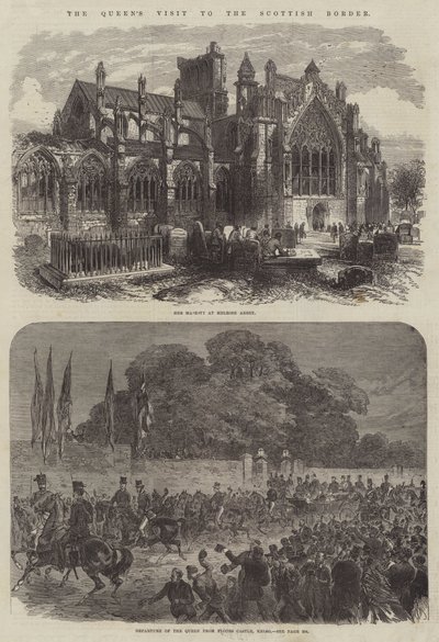Het bezoek van de koningin aan de Schotse grens (gravure) door English School