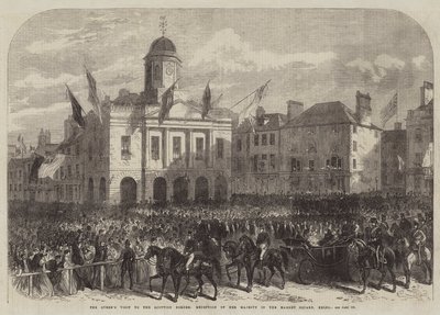 Het bezoek van de koningin aan de Schotse grens, ontvangst van Hare Majesteit op het marktplein, Kelso (gravure) door English School