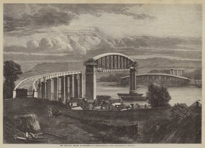 De spoorbrug bij Saltash, I K Brunel, ingenieur (gravure) door English School