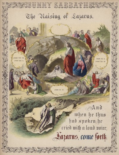 De Opwekking van Lazarus (gekleurde gravure) door English School
