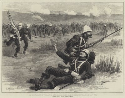 De verkenning in kracht, 5 augustus, Royal Marines trekken zich terug aan het einde van de dag, onder zwaar vuur (gravure) door English School