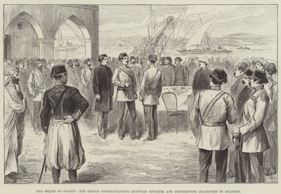 De bevrijding van Suakin, de Sirdar feliciteert Egyptische officieren en deelt gratificaties uit aan soldaten door English School