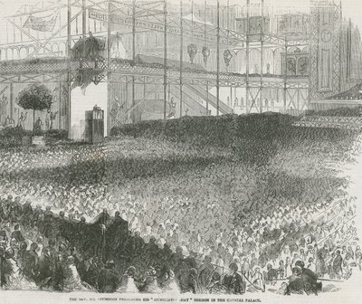 De eerwaarde Charles Haddon Spurgeon die zijn Humiliation Day preek houdt in het Crystal Palace door English School