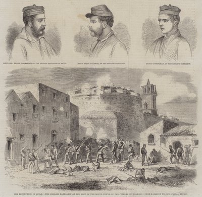 De revolutie in Sicilië, het Engelse bataljon aan de voet van de ronde toren van de citadel van Melazzo (gravure) door English School