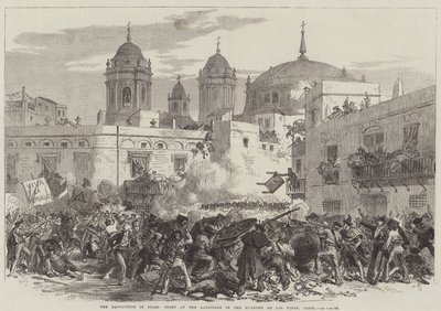 De revolutie in Spanje, gevecht bij de barricade in de wijk de Los Vinas, Cadiz (gravure) door English School