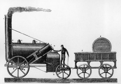 De Rocket, stoomlocomotief ontworpen en gebouwd door George en Robert Stephenson in 1829 voor de Liverpool-Manchester spoorweg door English School