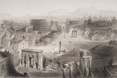 Het Romeinse Forum vanaf de Capitolijnse heuvel, Rome, gegraveerd door A. Willmore door English School
