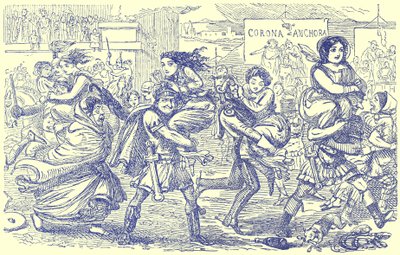 De Romeinen nemen de Sabijnse vrouwen mee, illustratie uit De Komische Geschiedenis van Rome door Gilbert Abbott a Beckett, gepubliceerd ca. 1850 door English School