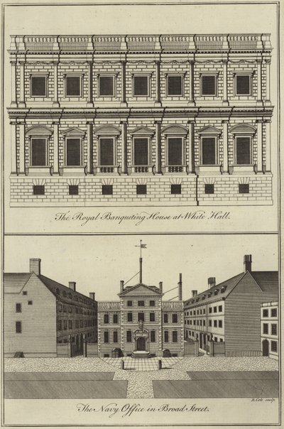 Het koninklijk banketgebouw in Whitehall en het marinekantoor in Broad Street, Londen door English School