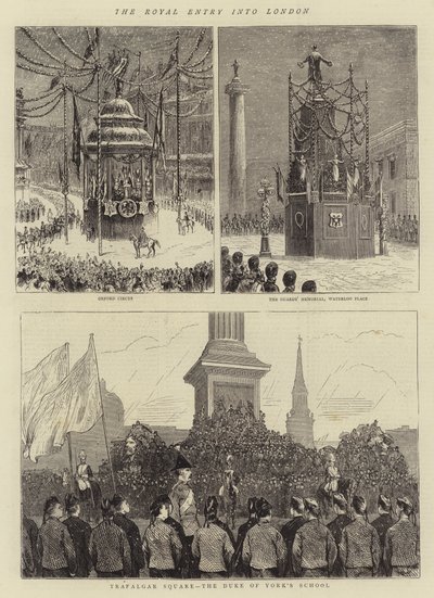 De Koninklijke Intocht in Londen (gravure) door English School