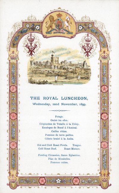 Het Koninklijk Lunch, woensdag 22 november 1899, menu door English School