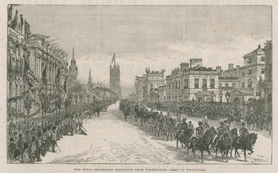 De Koninklijke Processie keert terug van Westminster Abbey naar Whitehall door English School