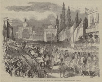 De koninklijke processie door de Grote Markt, met de paviljoens bij de Port Scharbeck, Brussel door English School