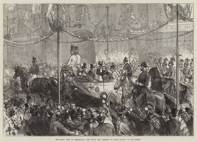 Het koninklijk bezoek aan Birmingham, de prins en prinses van Wales passeren Bull-Street door English School