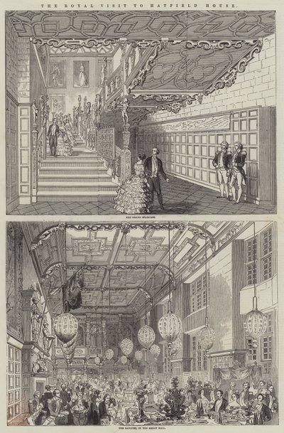 Het Koninklijk Bezoek aan Hatfield House (gravure) door English School