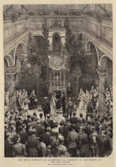 Het koninklijk huwelijk in Darmstadt, de ceremonie in de kapel van het oude kasteel door English School