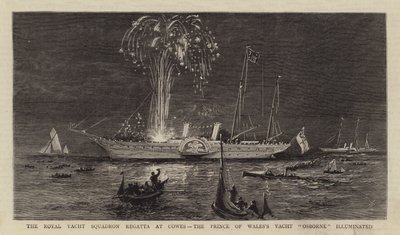 De koninklijke jachtclubregatta in Cowes, het jacht "Osborne" van de Prins van Wales verlicht door English School