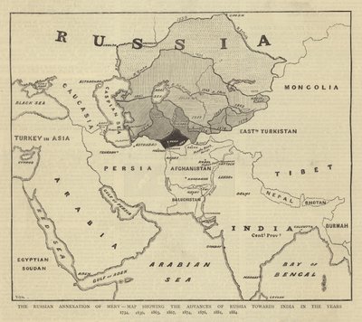 De Russische annexatie van Merv, kaart die de vooruitgangen van Rusland richting India toont in de jaren 1734, 1836, 1863, 1867, 1874, 1876, 1881, 1884 door English School