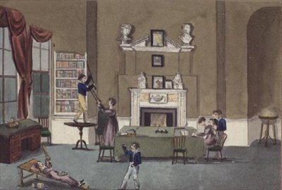 Het klaslokaal in afwezigheid van de gouvernante door English School