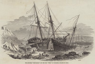 De Schoener "Providence," en de Brig "Hero," in Plymouth (gravure) door English School
