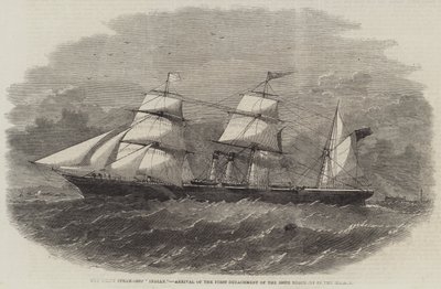 De Schroefstoomboot "Indian," Aankomst van het Eerste Detachement van het 100e Regiment in de Mersey (gravure) door English School
