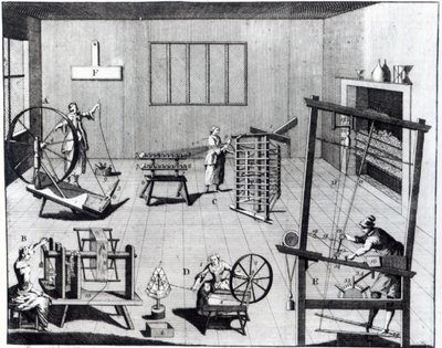 De tweede plaat van de wolindustrie die de kunst van het spinnen, opwinden, scheren en weven van wollen stof toont, gegraveerd voor 