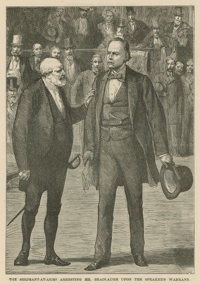 De Serjeant-at-Arms arresteert de heer Bradlaugh op bevel van de Spreker door English School