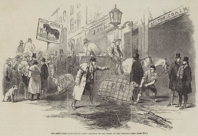 De Smithfield Club Vee Show, Aankomst van Vette Schapen bij de Bazaar (gravure) door English School