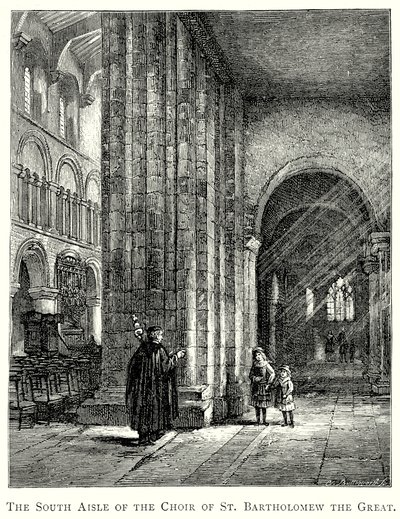 De zuidelijke zijbeuk van het koor van St Bartholomeus de Grote (gravure) door English School